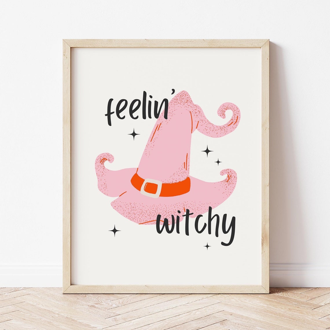 Feelin Witchy Pink Witch Hat Sparkles Boho Halloween Quote Wall Art