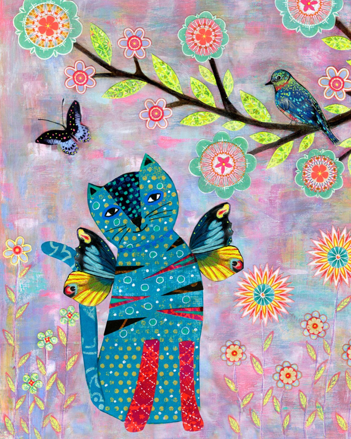 Whimsical Blue Cat With Butterfly Wings In Floral Garden Art Poster