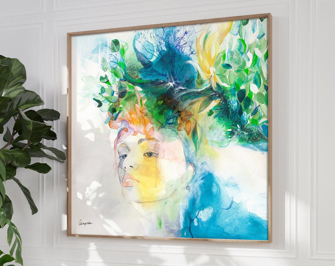 Floral Crown Woman Portrait Watercolor Green Blue Canvas Wall Art
