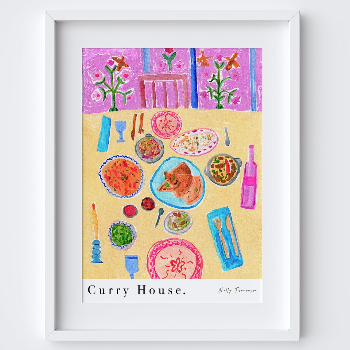 Curry House Table Scene, Watercolour Pastel Kitchen Art