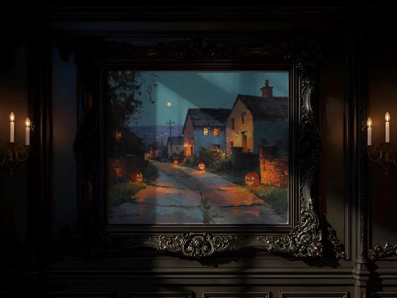 Autumn Evening Village Scene Rustic Oil Painting Cozy Fall Wall Art Cottage Street Decor Warm Seasonal Print 113