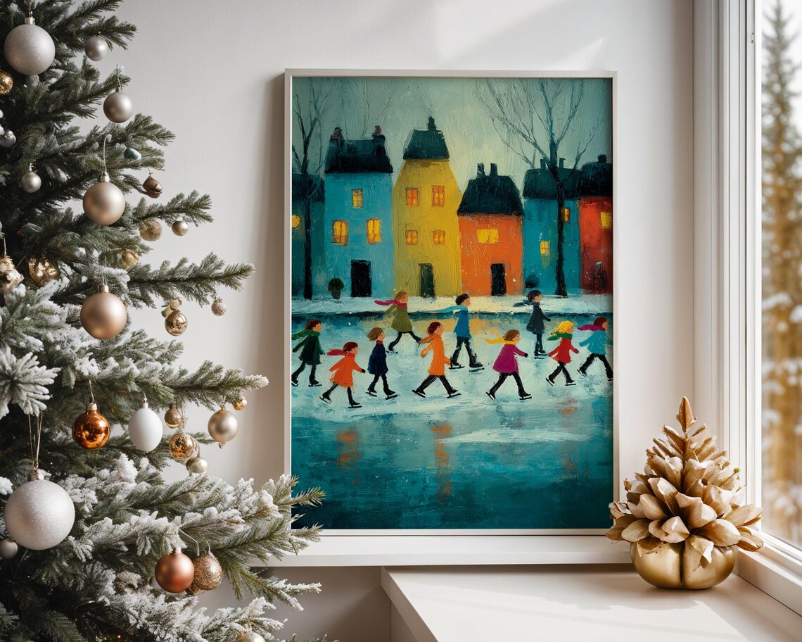 Happy Children Ice Skating on a Frozen Village Pond Folk Art Poster