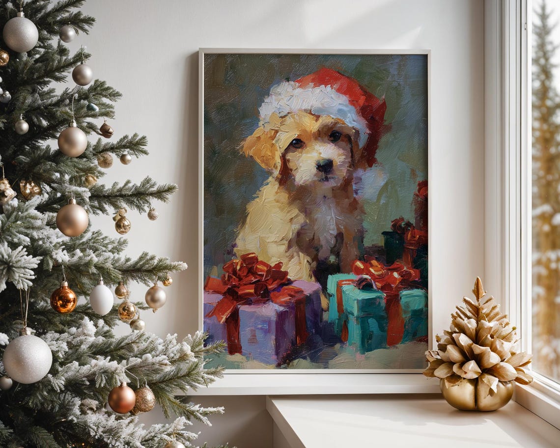 Cute Fluffy Puppy Wearing Santa Hat With Christmas Gifts Wall Art