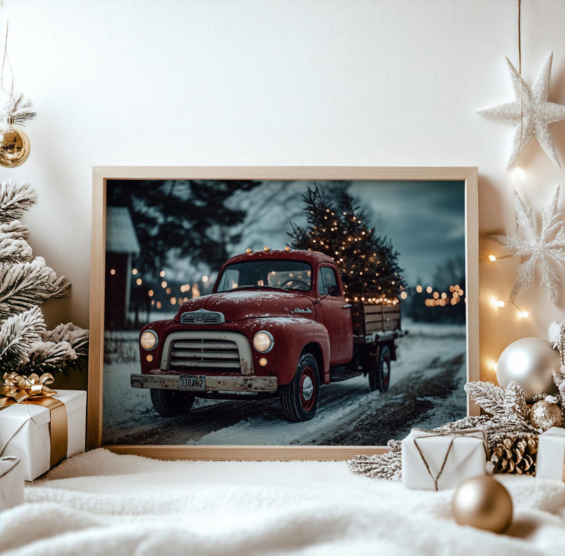 Vintage Red Pickup Truck Carrying Christmas Tree Snow Poster