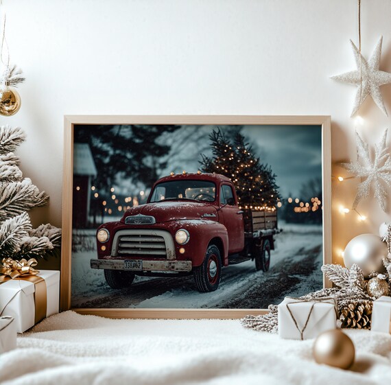 Vintage Red Pickup Truck Carrying Christmas Tree Snow Poster