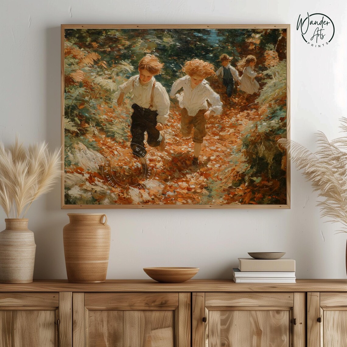 Children Running Through Autumn Woods Vintage Oil Style Poster