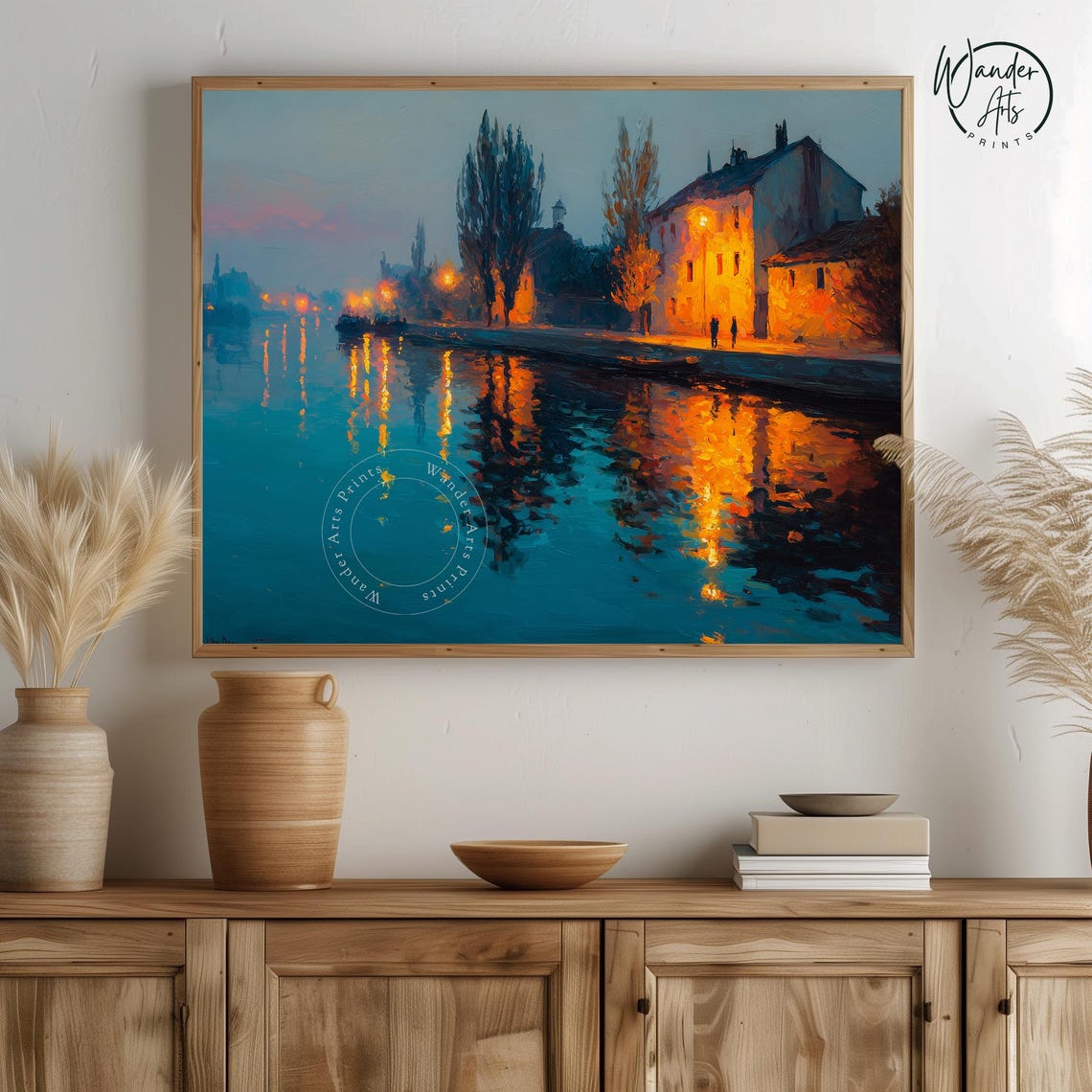 Evening Canal Town Glowing Streetlights Blue Water Art Poster