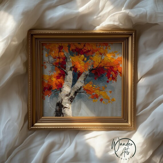 Lone Birch Tree In Autumn Landscape Oil Painting Rustic Fall Decor Moody Earthy Wall Art Orange Foliage Vintage Print 375
