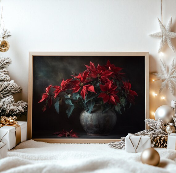 Moody Poinsettia Bouquet Art Rustic Still Life Vase Portrait Christmas Holiday Decor Vintage Winter Botanical Print 771