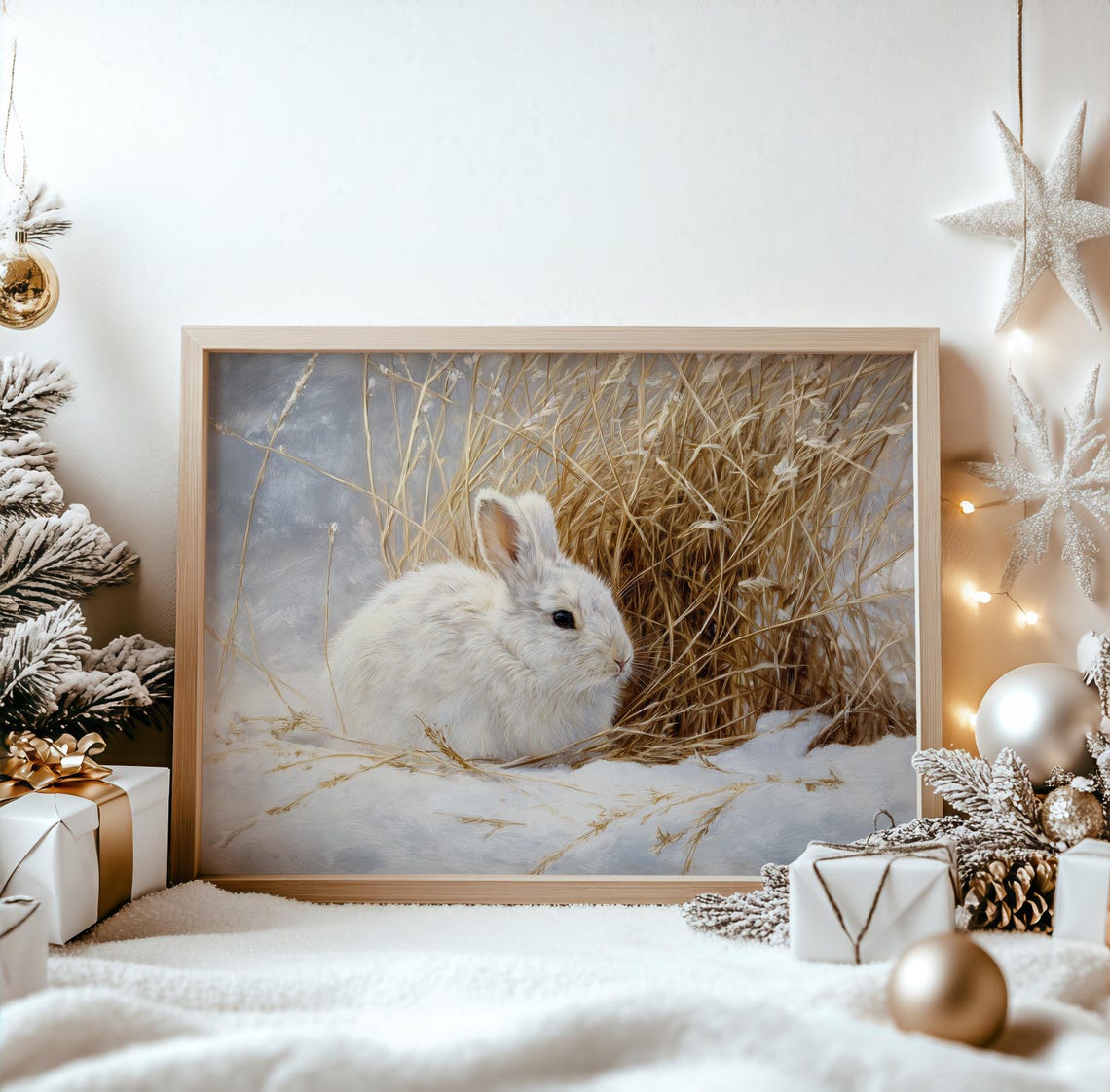 Winter White Rabbit Snow Golden Grass Meadow Wildlife Art Poster