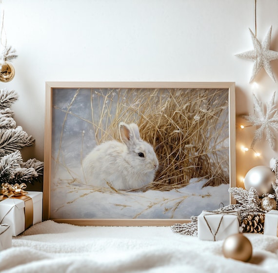 Winter White Rabbit Snow Golden Grass Meadow Wildlife Art Poster