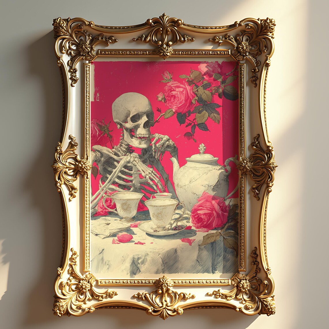 Halloween Skeleton Tea Party Vintage Spooky Fall Decor Skeletons With Pumpkins Gothic Autumn Wall Art 217