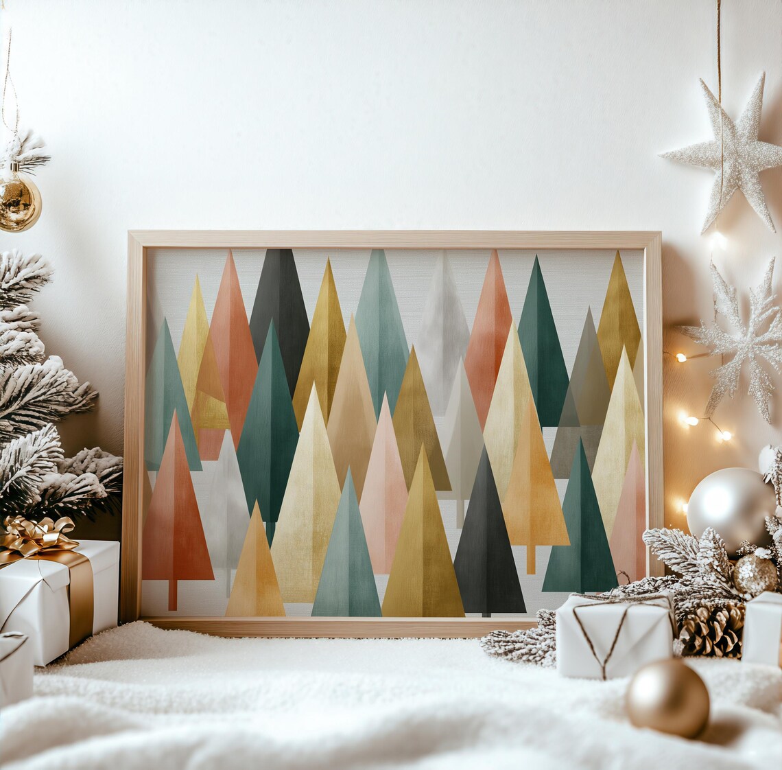 Christmas Geometric Tree Wall Art Abstract Overlapping Triangles Festive Holiday Decor Winter Artwork Modern Xmas Print 743