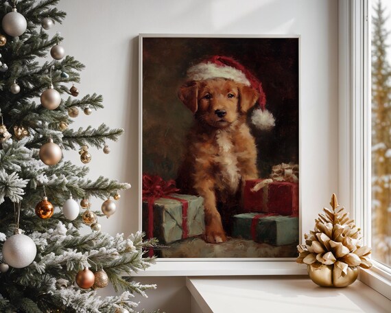 Golden Puppy In Santa Hat With Christmas Gifts Oil Painting Print