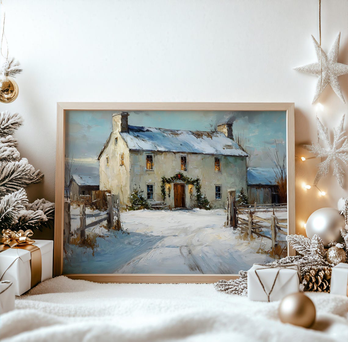 Rustic Snow Covered Farmhouse With Wreath Lit Windows Winter Poster