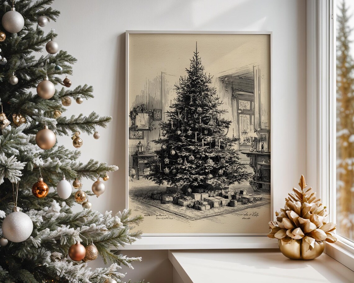 Vintage Christmas Tree Rustic Holiday Room Sketch Classic Style Print