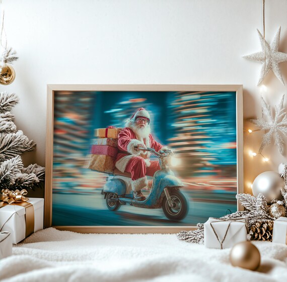 Santa Claus Blue Vespa Scooter Gift Delivery Christmas Poster