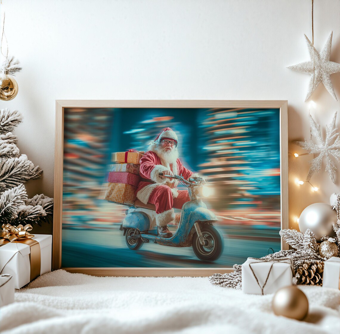 Santa Claus Blue Vespa Scooter Gift Delivery Christmas Poster