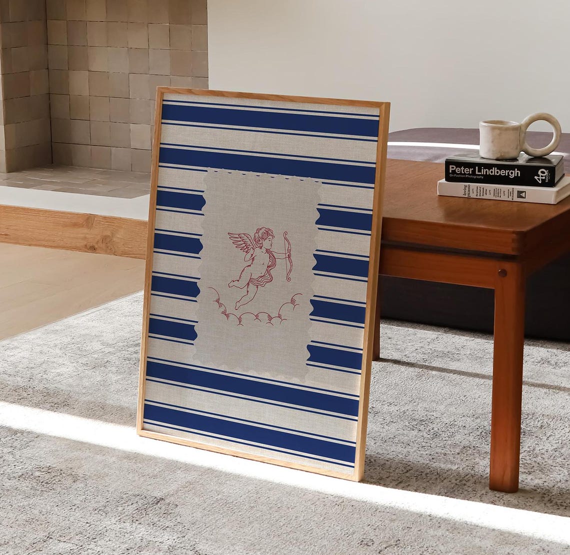 Vintage Cherub Line Art Navy Stripes Coastal Farmhouse Poster - Image 3