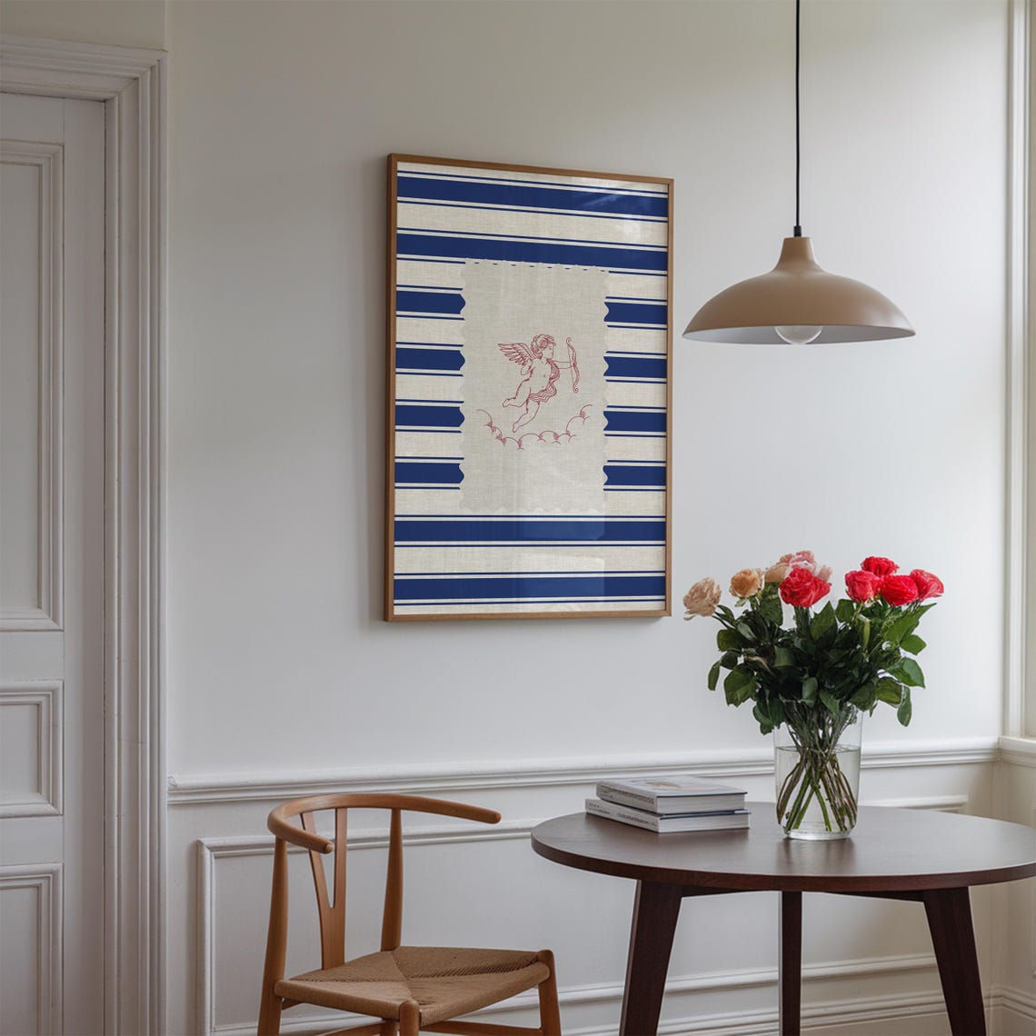 Vintage Cherub Line Art Navy Stripes Coastal Farmhouse Poster - Image 2