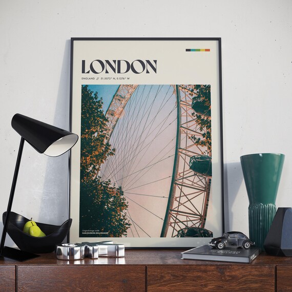London England London Eye at Dusk Close Up Retro Travel Poster