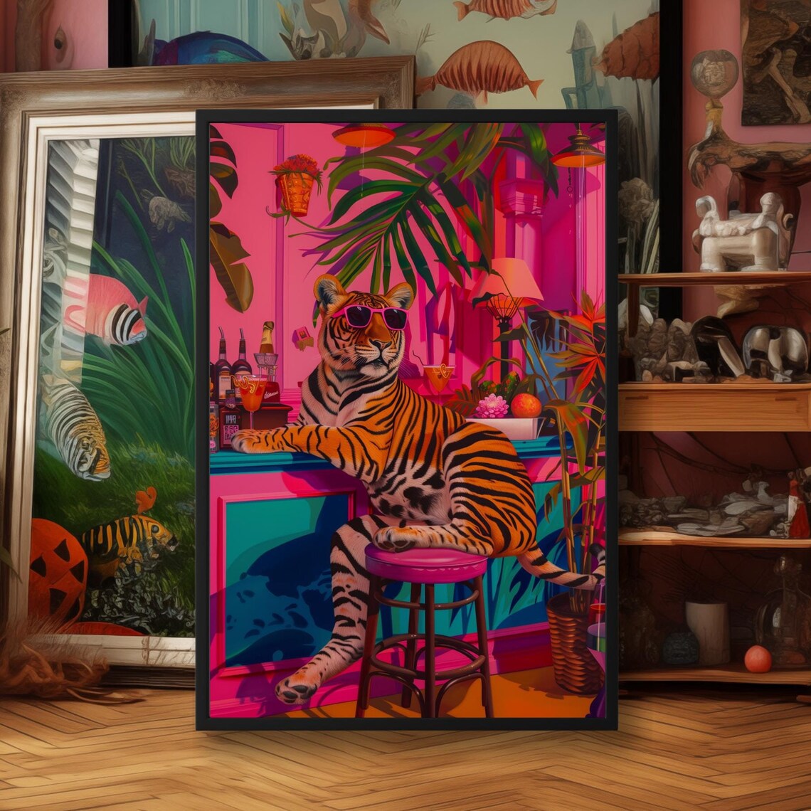Tiki Tiger Maximalist Art Print, Tropical Boho
