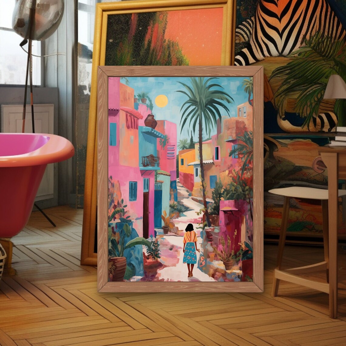 Colorful Moroccan Village Street With Palm Trees Travel Art Poster