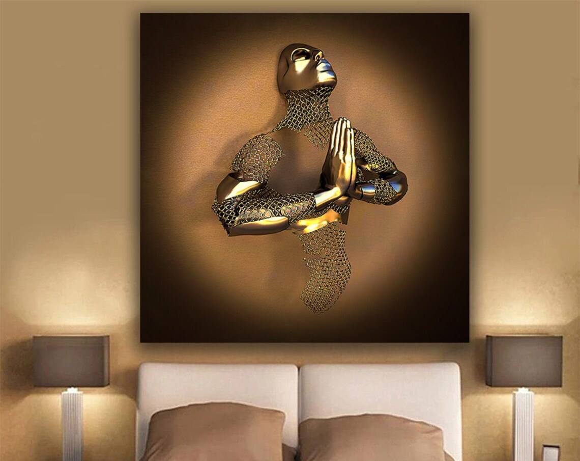 Golden Praying Figure Folded Hands Bronze Spiritual Meditation Decor Wall Art