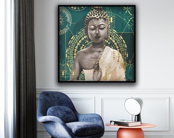 Golden Buddha Teal Mandala Sacred Geometry Spiritual Meditation Wall Art Poster