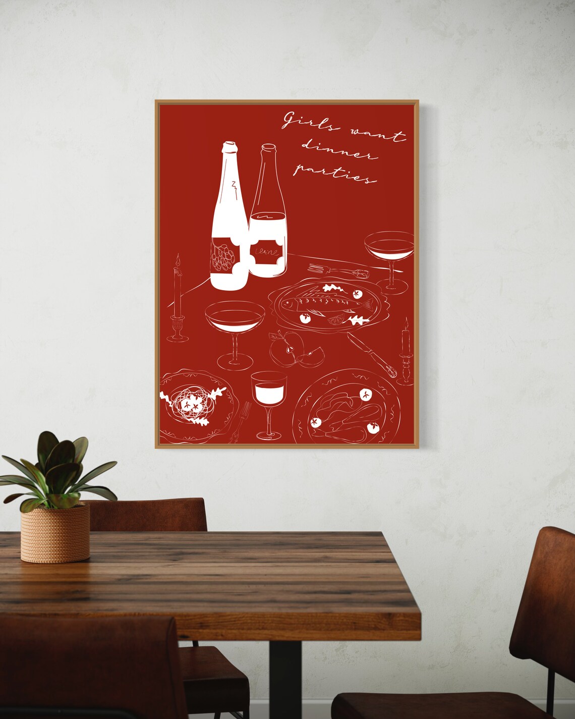Girls Want Dinner Parties Red Wine Supper Club Line Art Kitchen Poster - Image 4