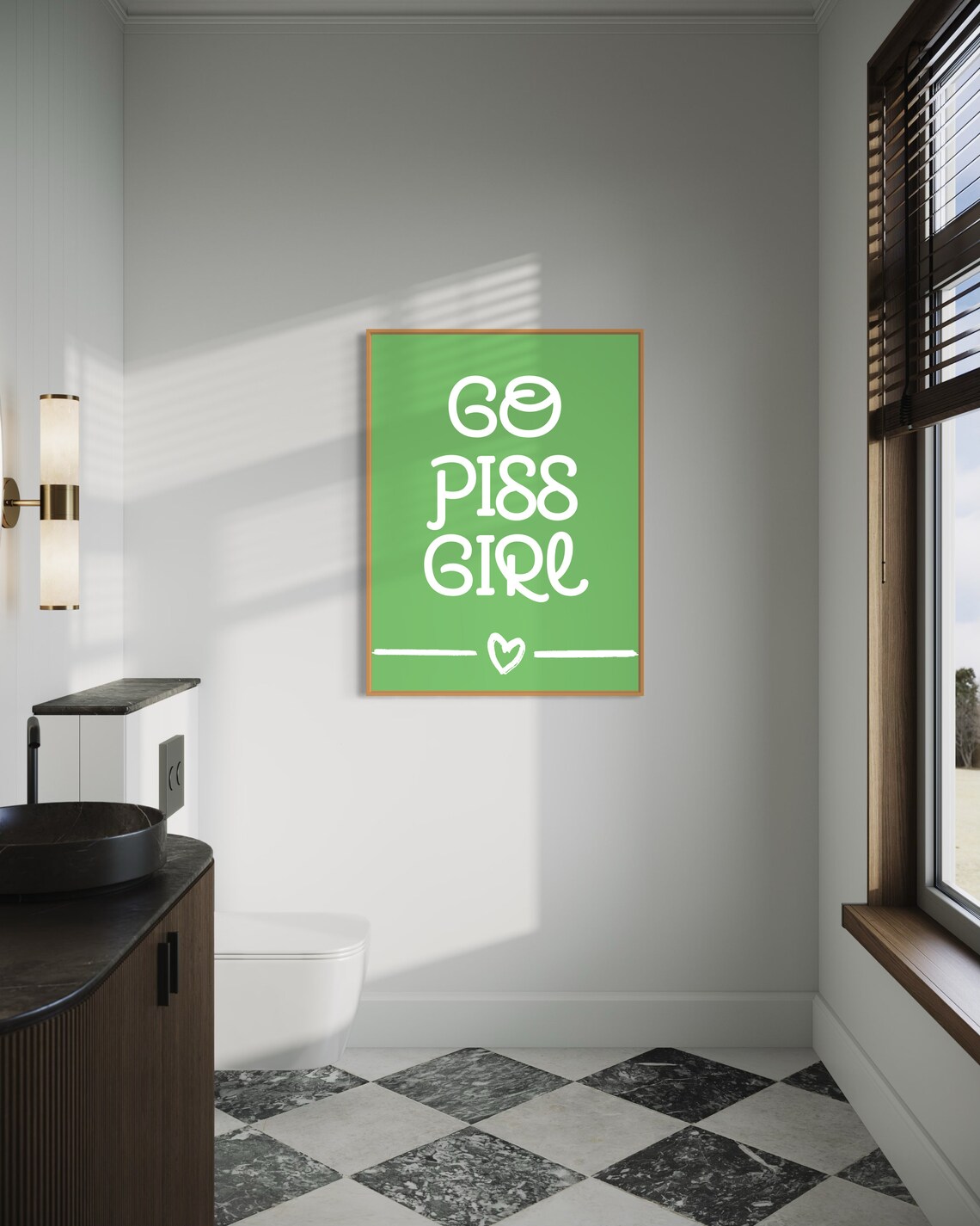 Go Piss Girl White Text Green Funny Bathroom Quote Art Poster - Image 4