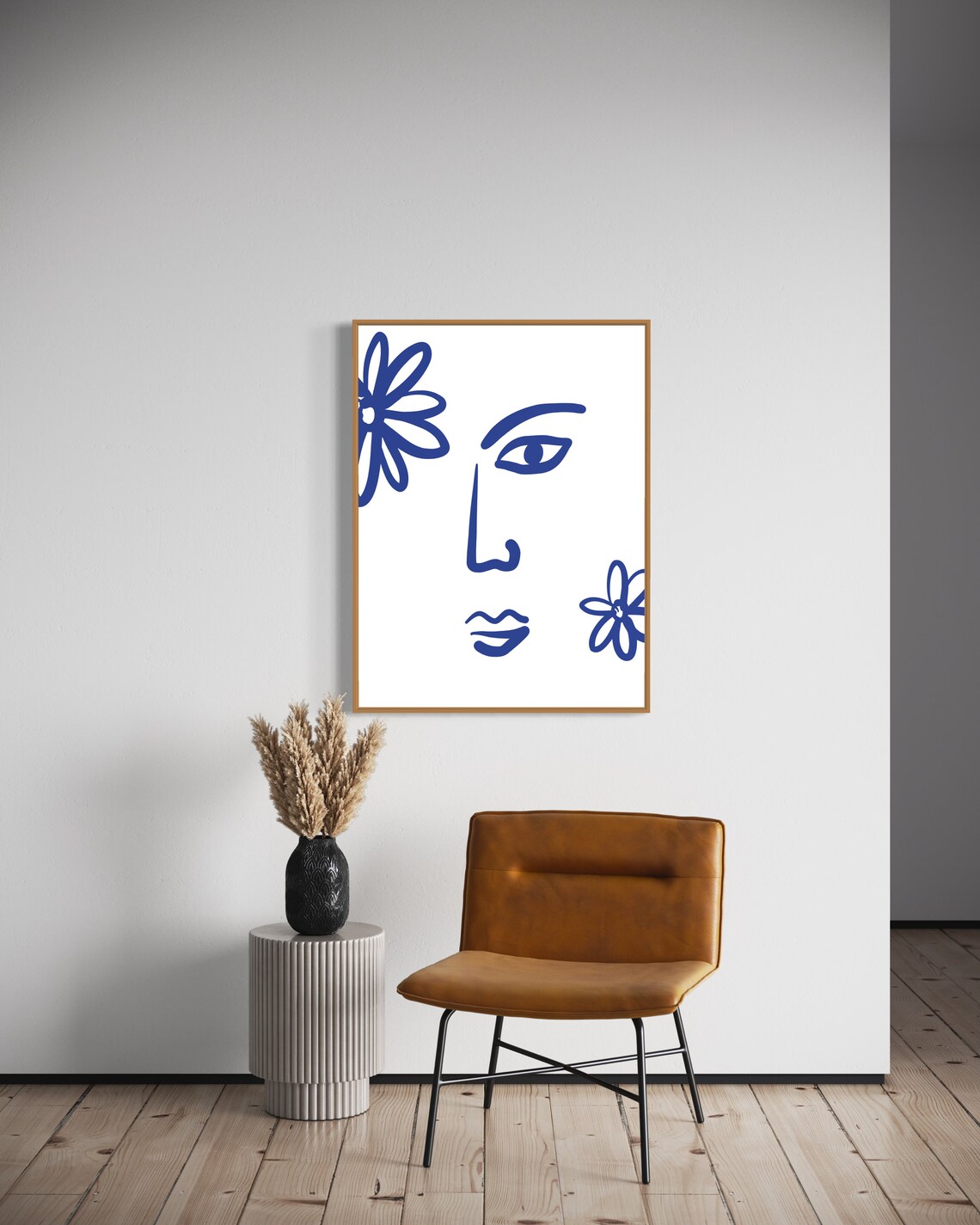 Blue Line Art Abstract Face With Flowers Minimalist Modern Art Poster - Image 2