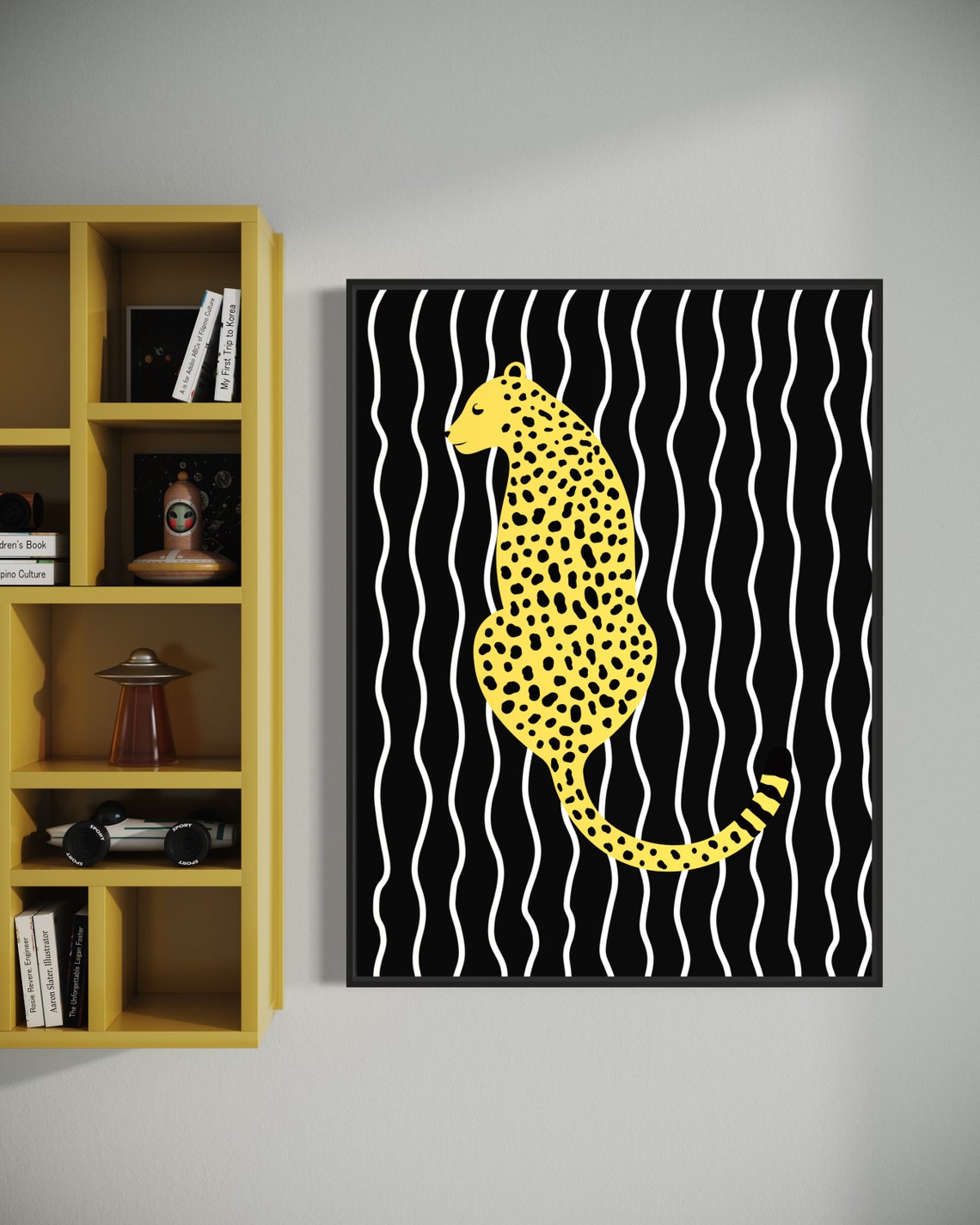 Yellow Leopard Sitting Black Striped Background Preppy Animal Poster