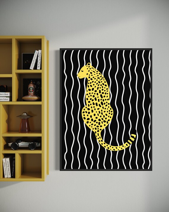 Yellow Leopard Sitting Black Striped Background Preppy Animal Poster