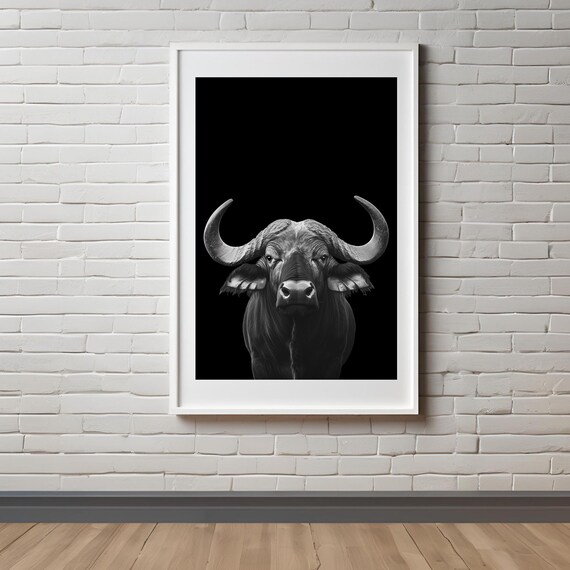 Black and White African Buffalo Portrait Wildlife Art Poster