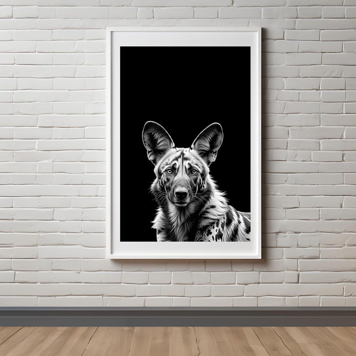 Black and White African Wild Dog Portrait Wildlife Art Poster