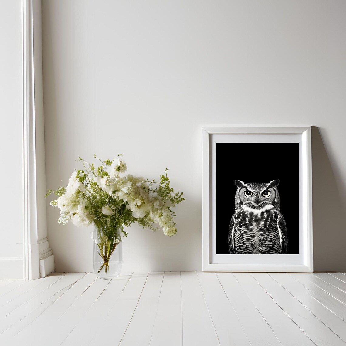 Black and White Great Horned Owl Portrait Stunning Wildlife Poster - Image 4