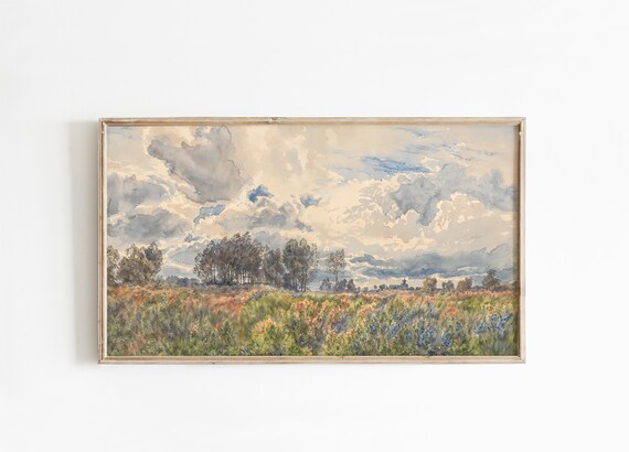 Spring Wildflower Meadow Watercolor Vintage Landscape Art Poster
