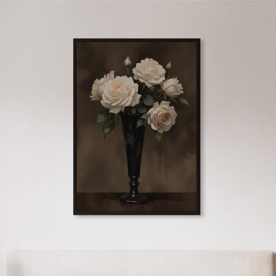 Framed White Rose Wall Art Print Dark Romantic Floral Still Life Poster Vintage Elegant Bouquet Painting Gift For Classic Or Moody Decor
