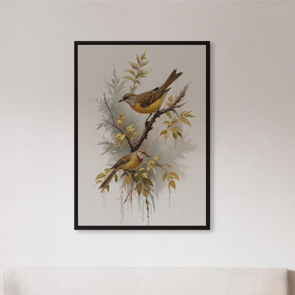 Yellow Finch Pair On Branch Delicate Vintage Bird Wildlife Poster