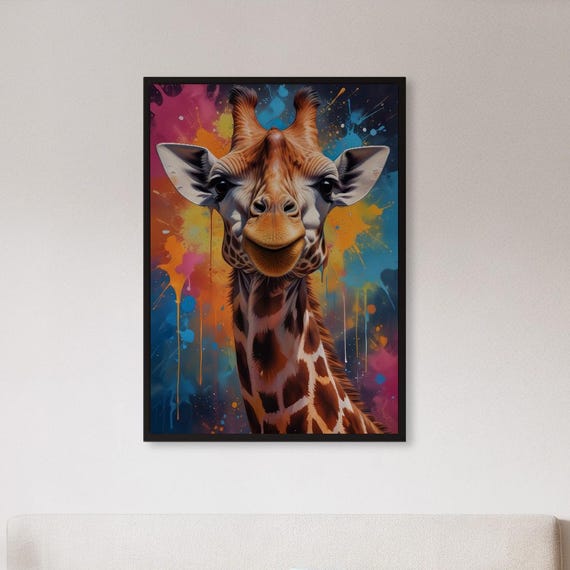 Framed Colorful Giraffe Wall Art Print Funny Animal Portrait Poster Vibrant Jungle Painting Gift For Kids Room Playful Decor Pet Lovers