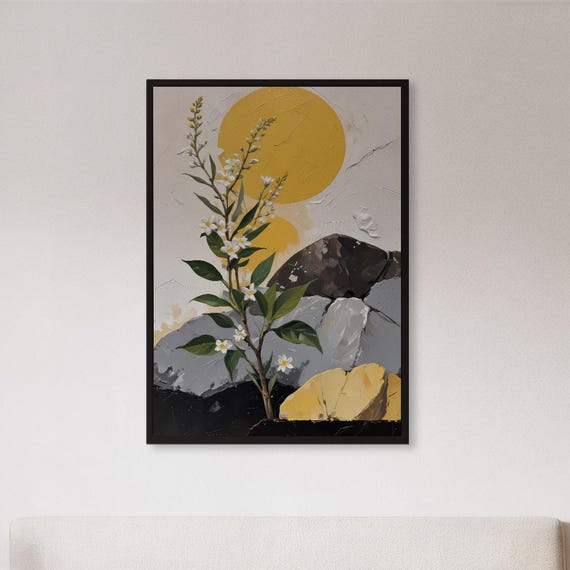 Framed Botanical Abstract Wall Art Print Yellow Sun Modern Nature Poster Minimalist Plant Landscape Gift For Calm Home Or Zen Interiors