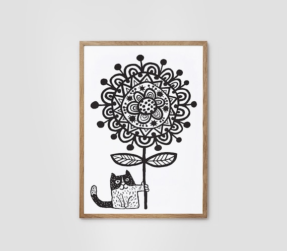 Cute Cat Hugging Flower Black and White Doodle Nursery Art Poster