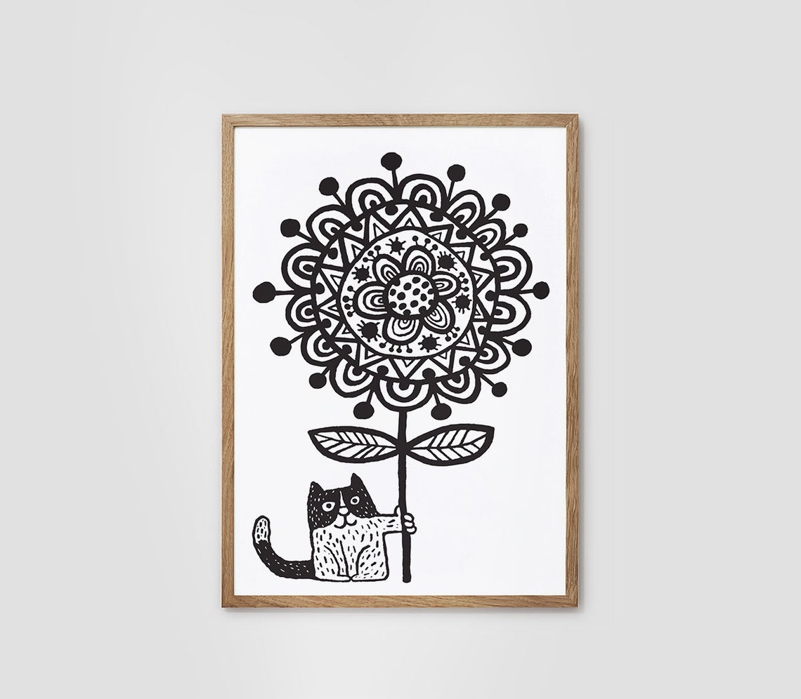 Cute Cat Hugging Flower Black and White Doodle Nursery Art Poster