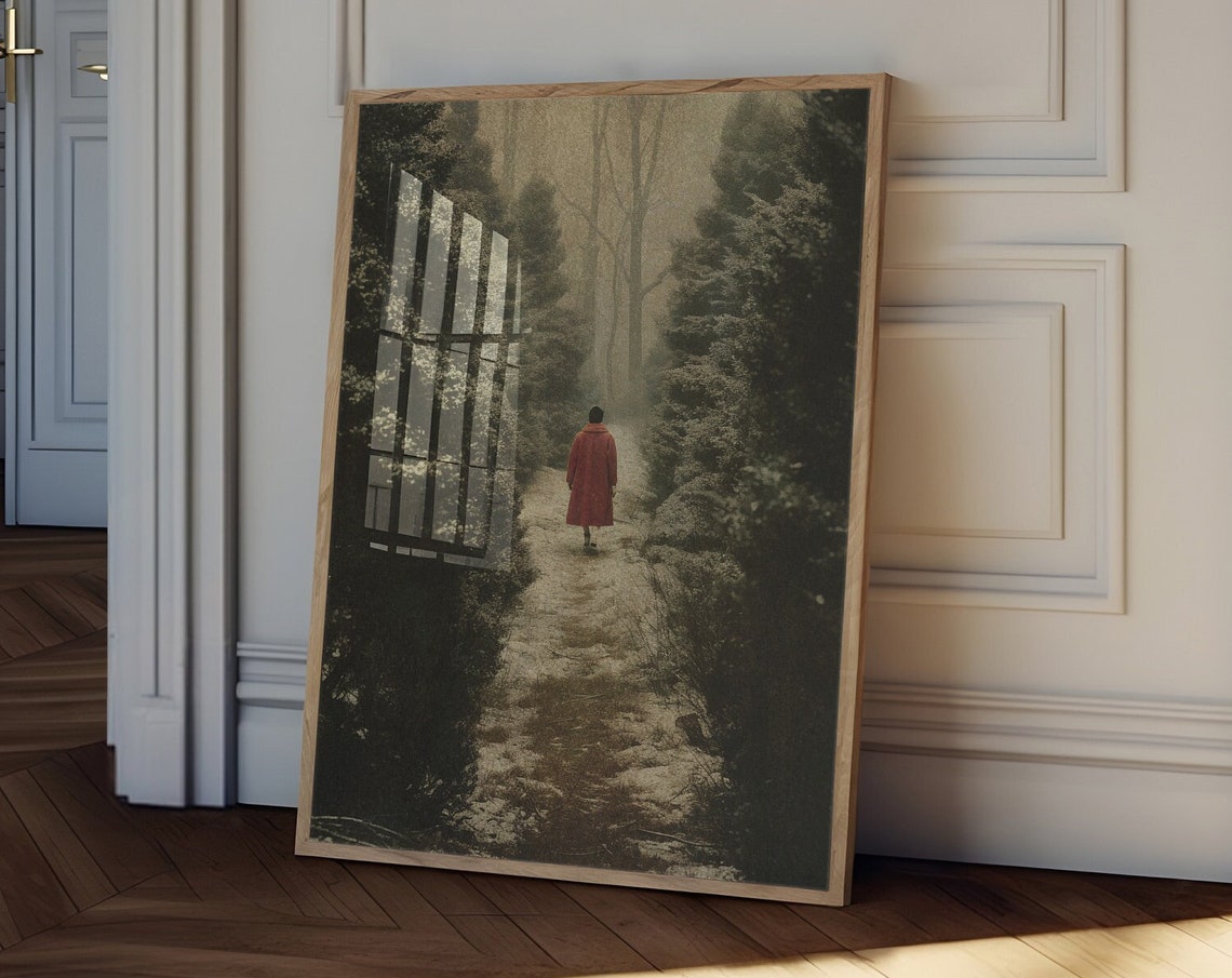 Moody Forest Walker Red Coat Misty Dark Academia Path Art Print