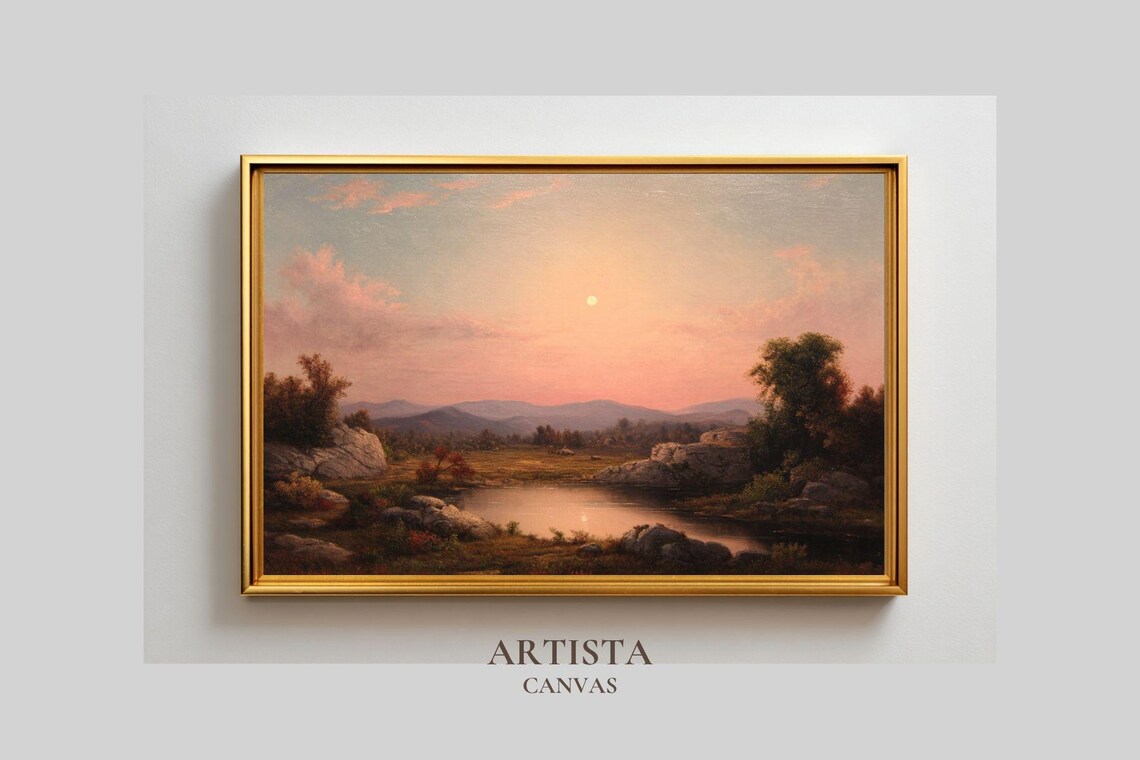 Pink Sunset Moonrise Over River Valley Landscape Painting Poster