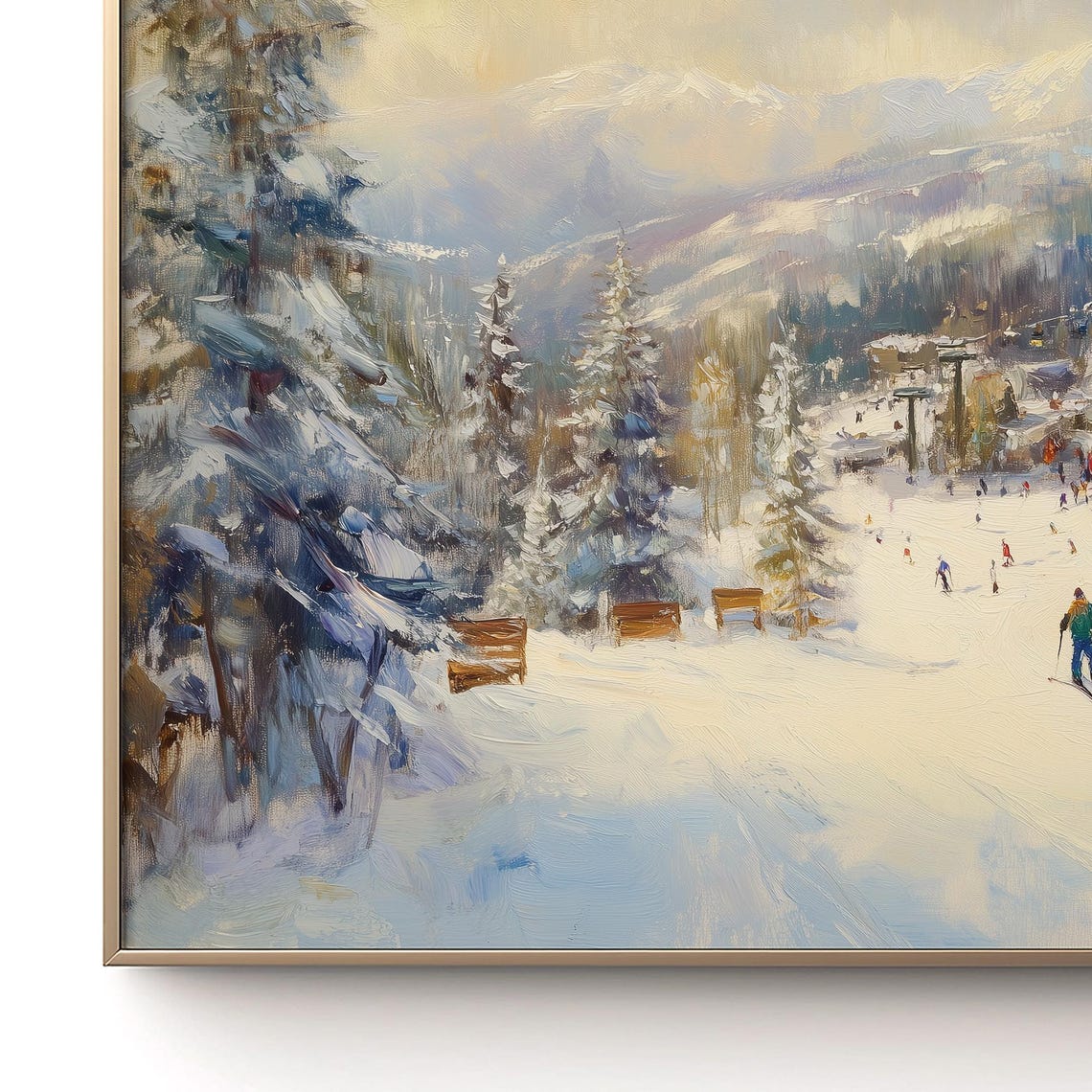 Winter Ski Resort Lodge Snowy Pines Skiers Mountain Village Poster - Image 3