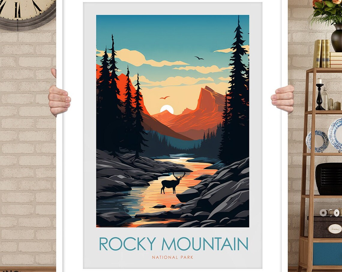 Rocky Mountain National Park Sunset Elk by River Minimal Travel Poster - Image 3