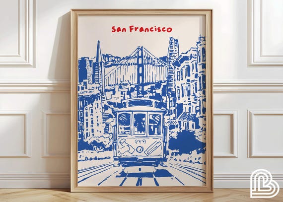 San Francisco Cable Car Blue Ink Sketch City Street Scene Poster