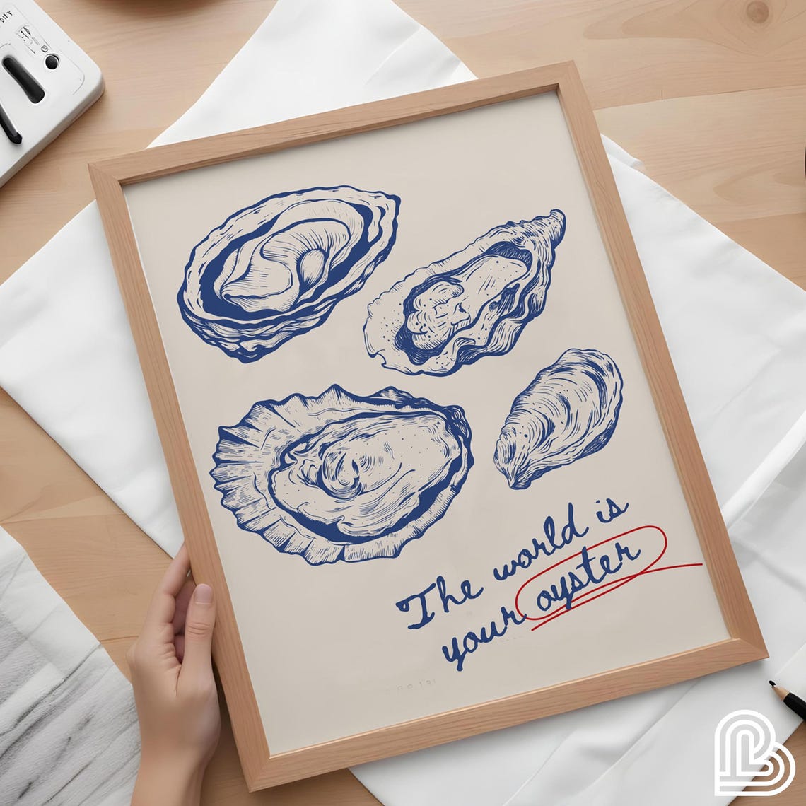 The World Is Your Oyster Blue Seafood Illustration Kitchen Poster
